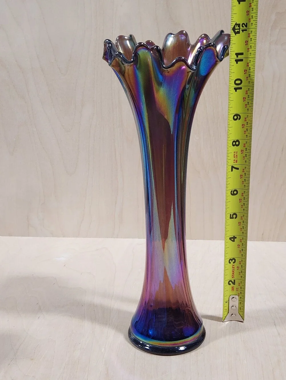Vintage Iridescent Amethyst Purple Glass Ruffled Rim Trumpet Vase 12 Inch VTG